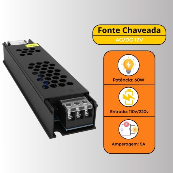 Kit 2 Fonte Chaveada 12v 5a P/ Cftv Led E Som Preta - Imagem 2